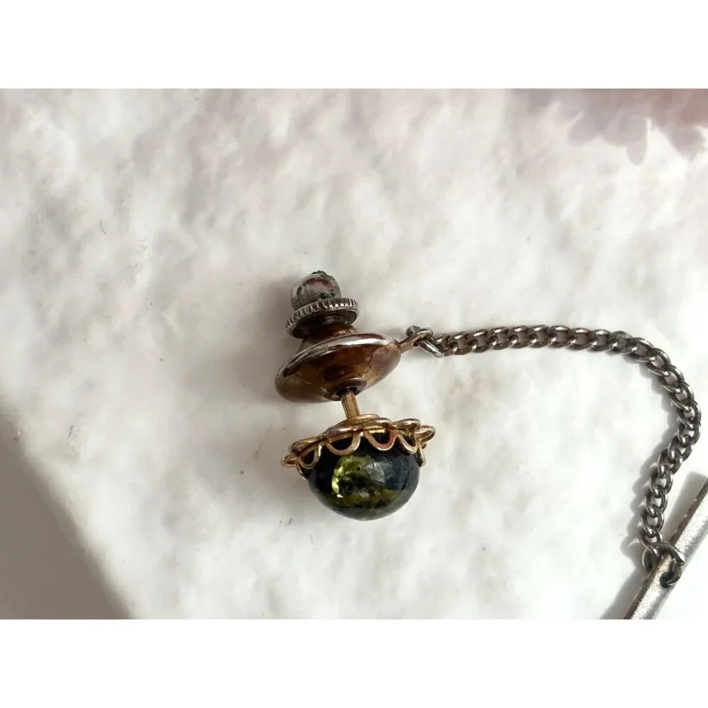Faux Green Stone Scalloped Edging Silver Toned Vintage Men's Tie Tack